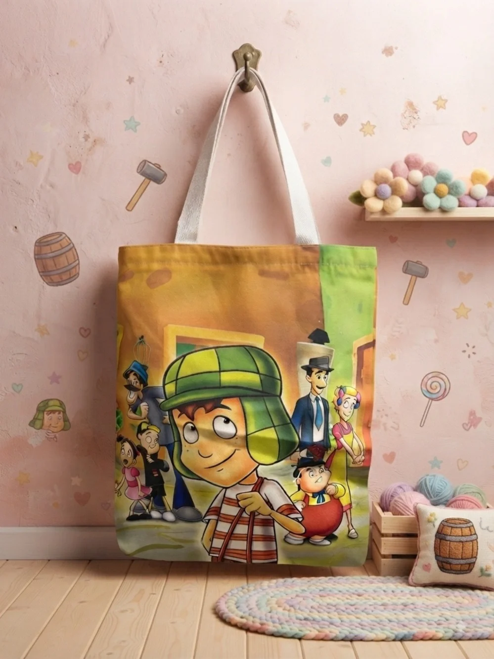 Kids Cartoon Tote Bag with Green Accent - Fun Character Design